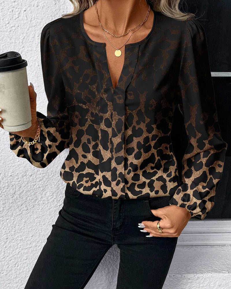 Puff-Sleeved Gradient Leopard Print Shirt
