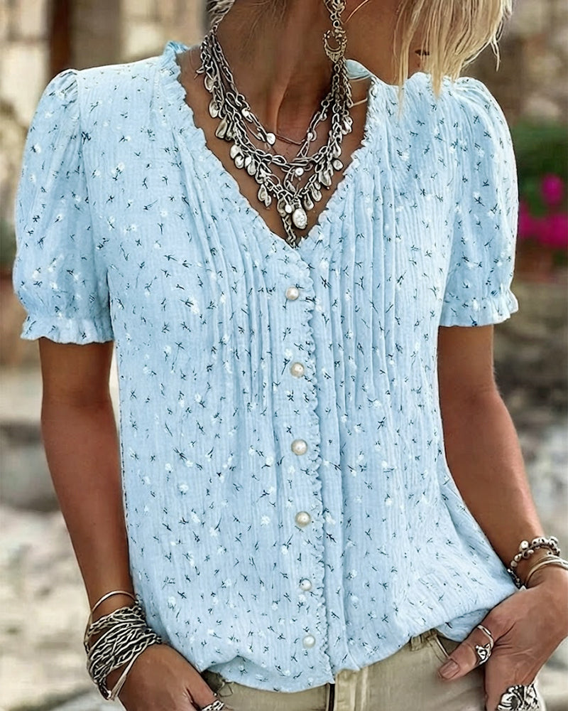 Puff Sleeve Floral Print Short-Sleeve Blouse