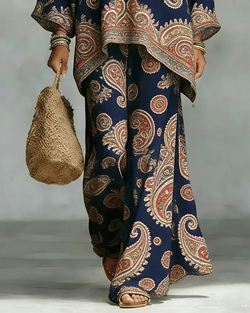 Stylish Pattern Wide Leg Trouser Two-Piece Set