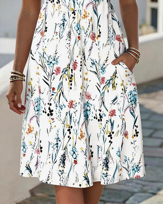 V Neck White Background Watercolor Floral Print Dress
