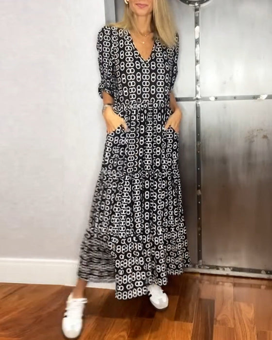 Geometric print V-neck elegant long dress