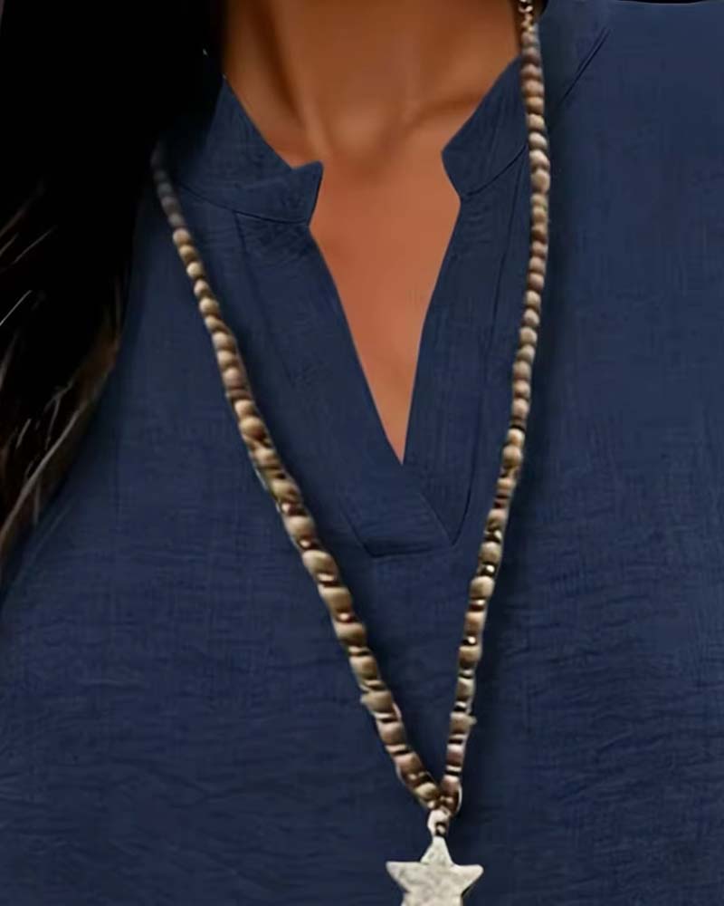 Solid Color Side-Slit Short-Sleeved Blouse