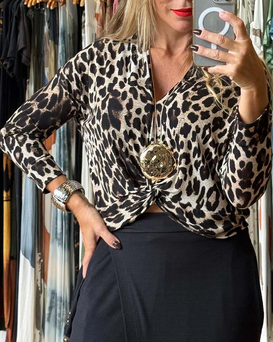 V-Neck Long-Sleeve Leopard Knot Top
