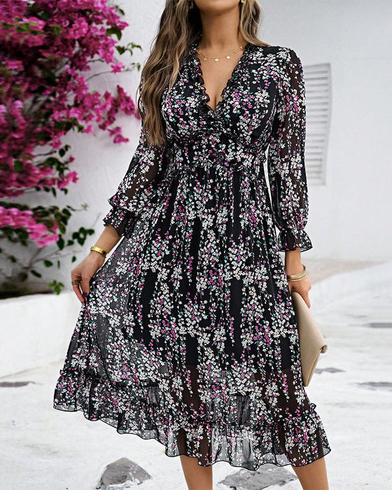 V-neck printed elegant dress