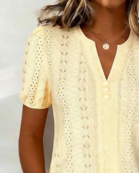 V-Neck Pearl Button Bubble Sleeve Blouse