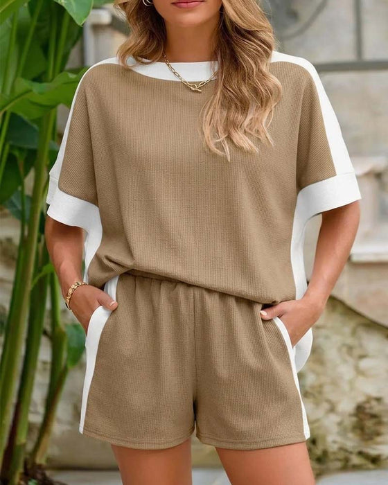 Color Block Short Sleeve Shorts Casual Set