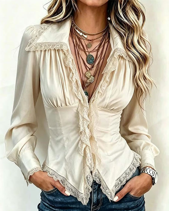 Collared Lace Spliced Long-Sleeve Blouse