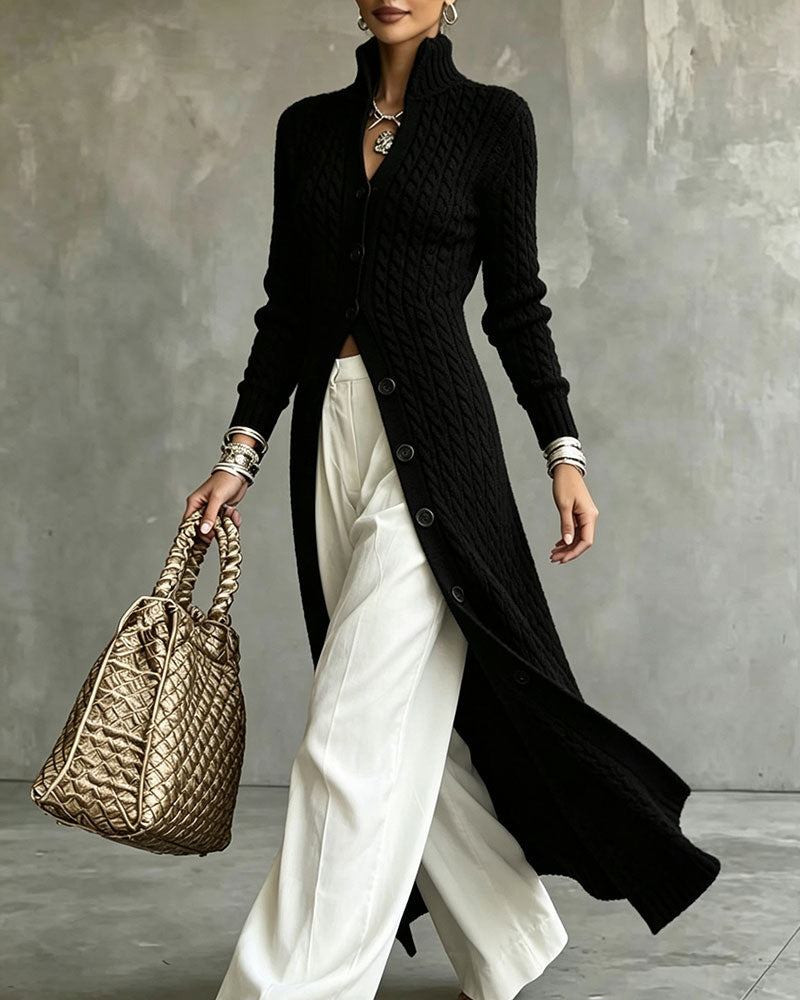 Stand Collar Cable Button Long Cardigan