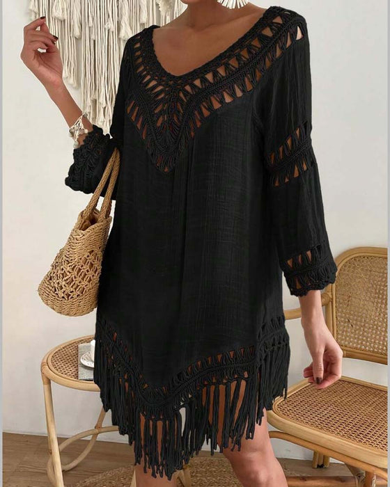 V-Neck Solid Color Hollow Cover Up