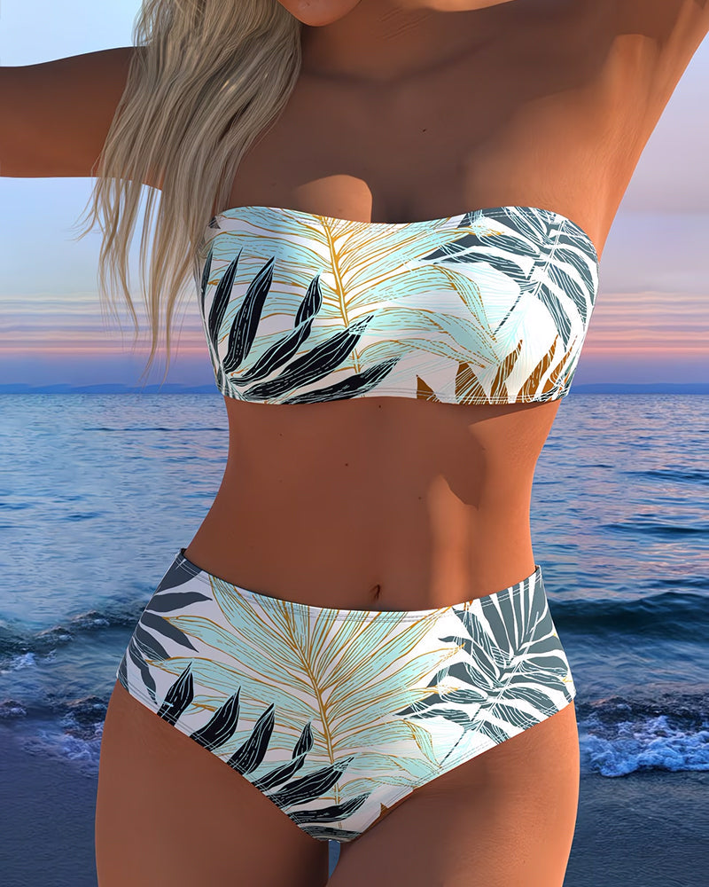 Tropical Plant Print Strapless Bikini