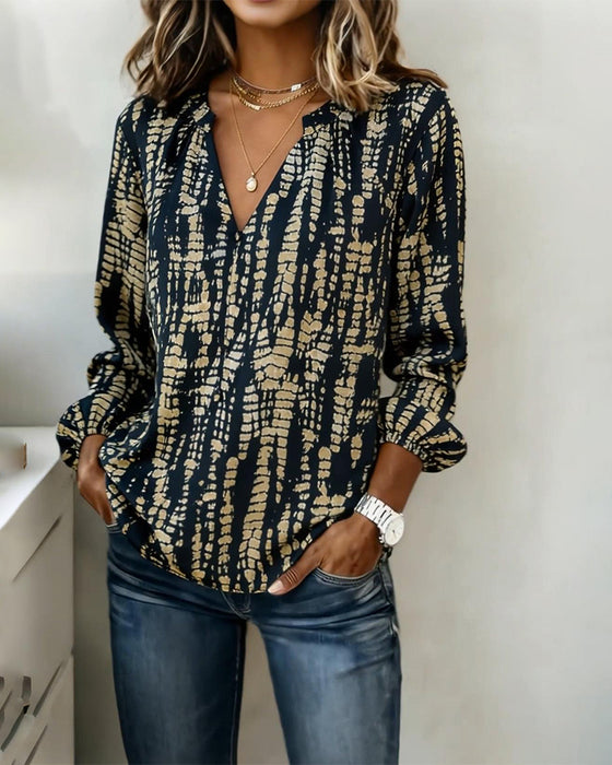 Stand-Collar Long-Sleeved Printed Top