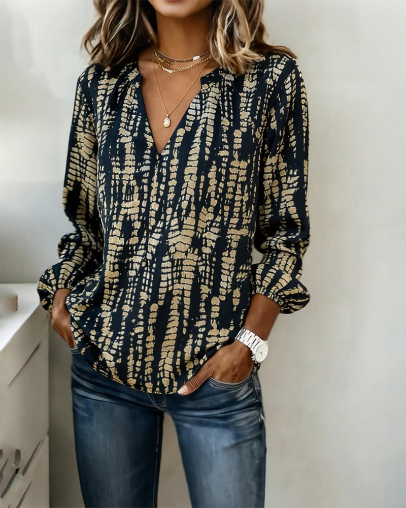 Stand-Collar Long-Sleeved Printed Top