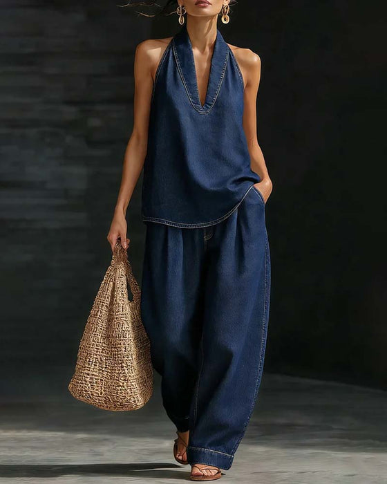 Fashion Halter Neck Denim Set