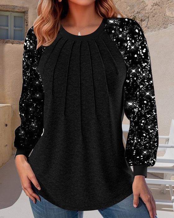Lantern sleeve pleated sequined long sleeve top