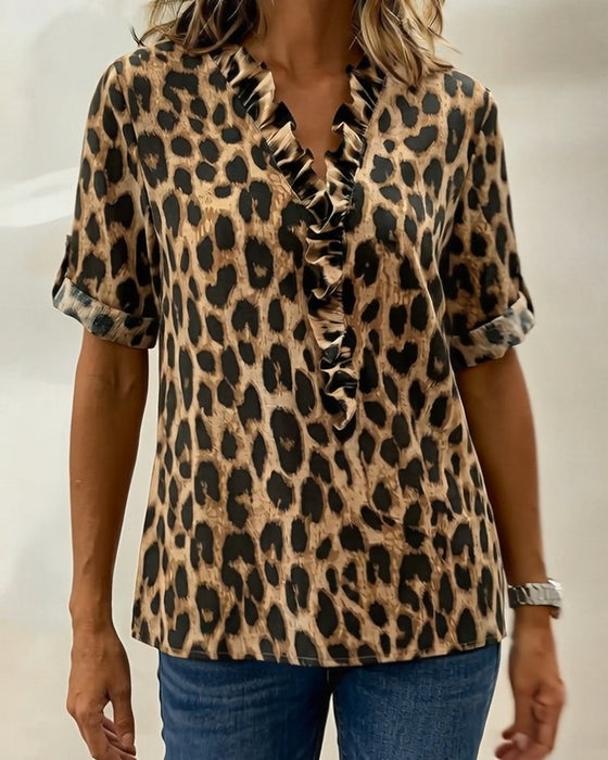 Classic Leopard Print Ruffled Blouse