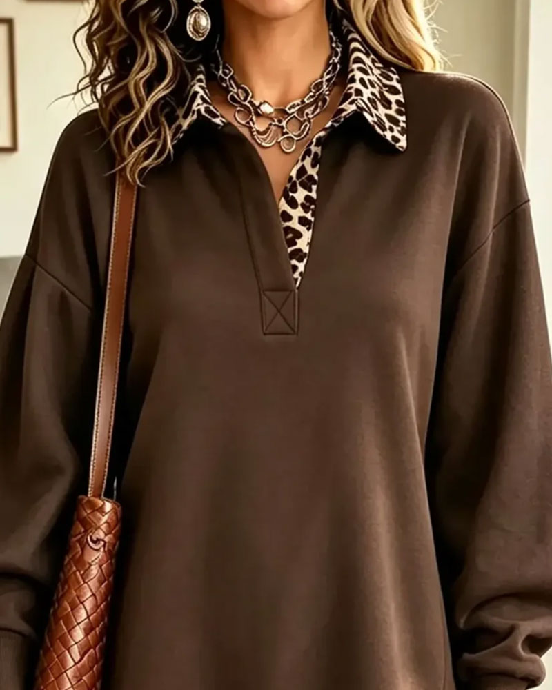 Lapel Collar Leopard Print Faux Two-Piece Dress