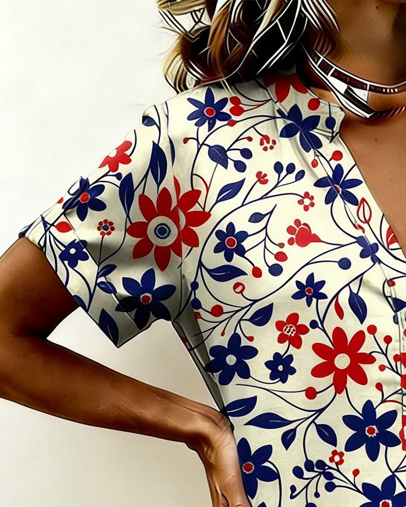 Floral And Vine Print Short-Sleeved Dress