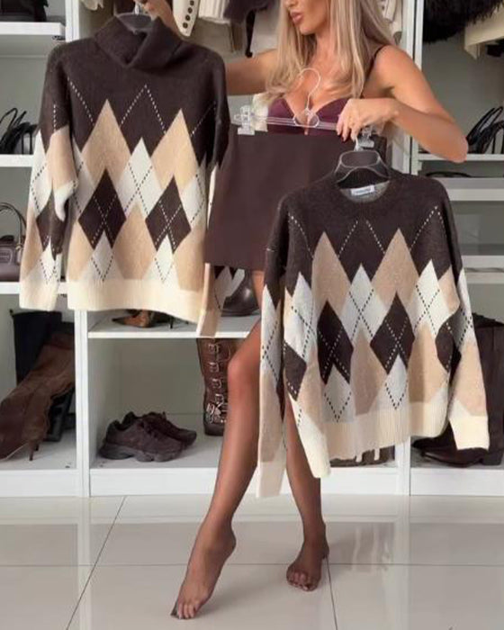 Argyle Turtleneck Oversized Sweater