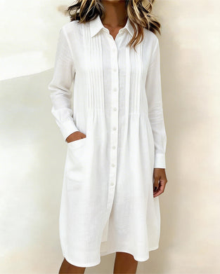Solid Color Cotton Pleated Shirt Dress