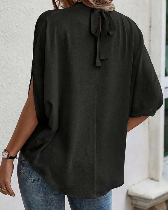 Mock Neck Pleated Three-Quarter Sleeve Solid Blouse