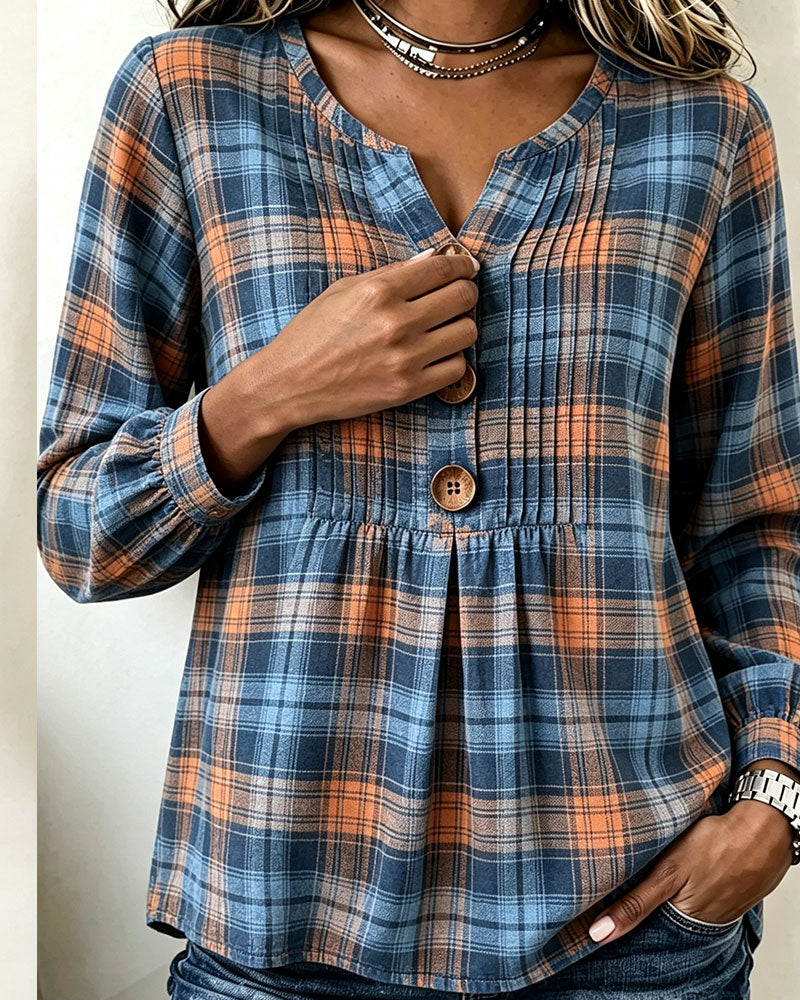 Three-Button Plaid Long-Sleeve Blouse