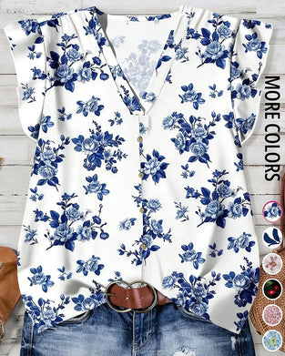 V-Neck Printed Ruffle Sleeves Blouse