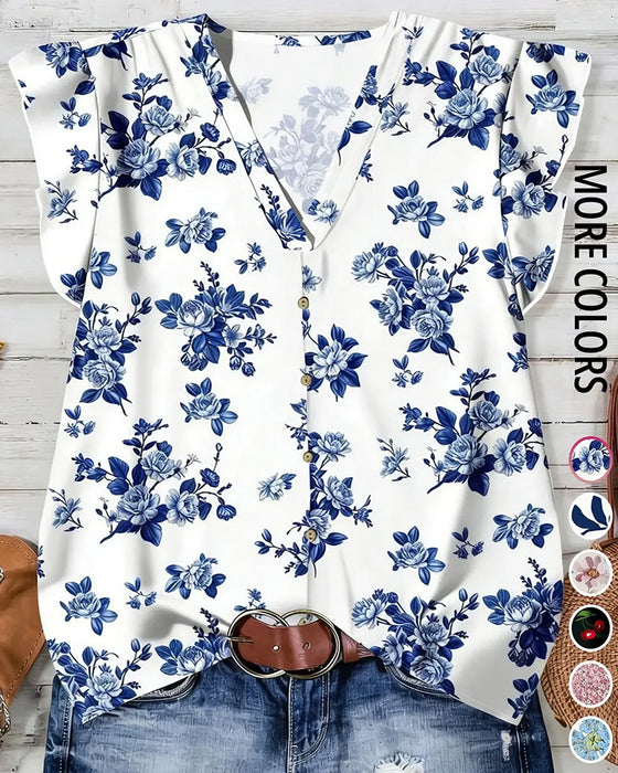 V-Neck Printed Ruffle Sleeves Blouse