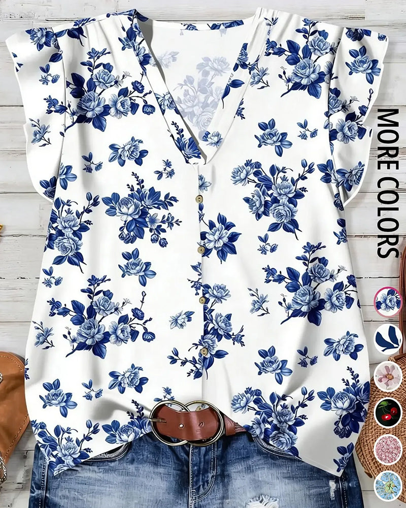 V-Neck Printed Ruffle Sleeves Blouse