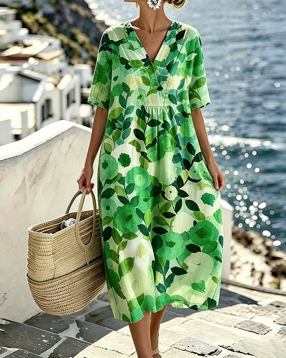Watercolor Floral V-Neck Dress