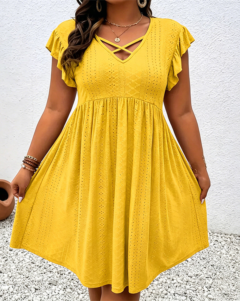 Solid Color Hollow-Out Lotus Leaf Sleeve Dress