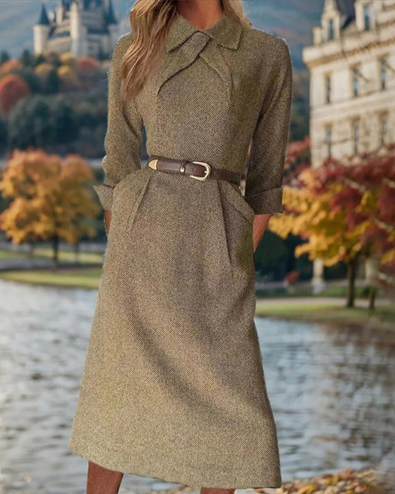 Pocket lapel solid color dress