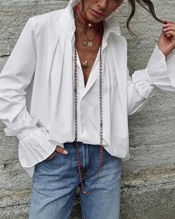 Pleated Lapel Solid Long Sleeve Shirt