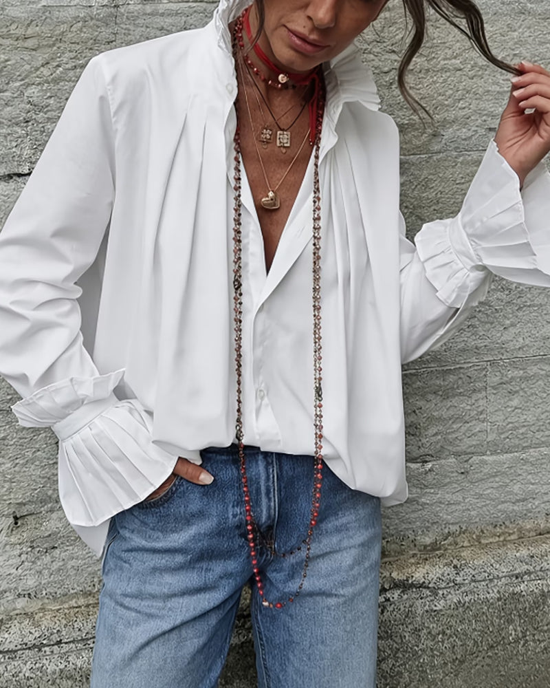 Pleated Lapel Solid Long Sleeve Shirt