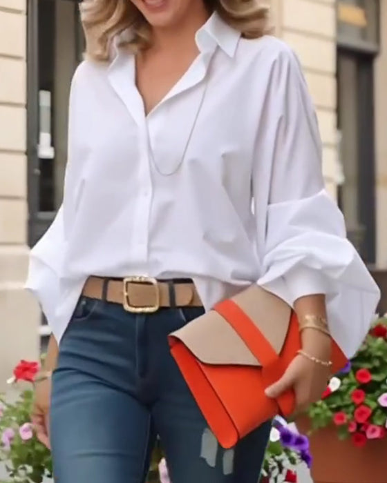 Lantern Sleeve Collared Fashion Shirt