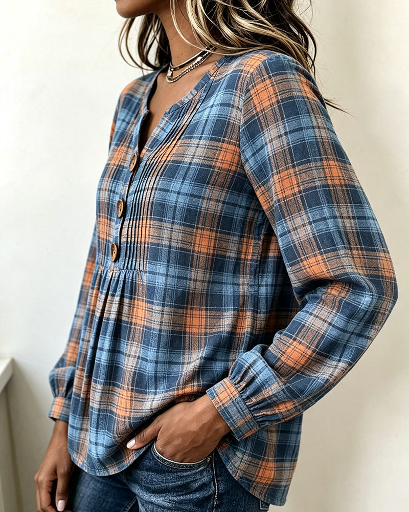Three-Button Plaid Long-Sleeve Blouse