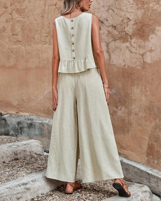 Sleeveless Round Neck Ruffle Wide Leg Set