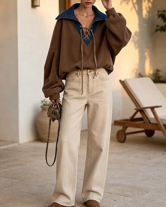 Lapel Denim Patchwork Loose Sweatshirt