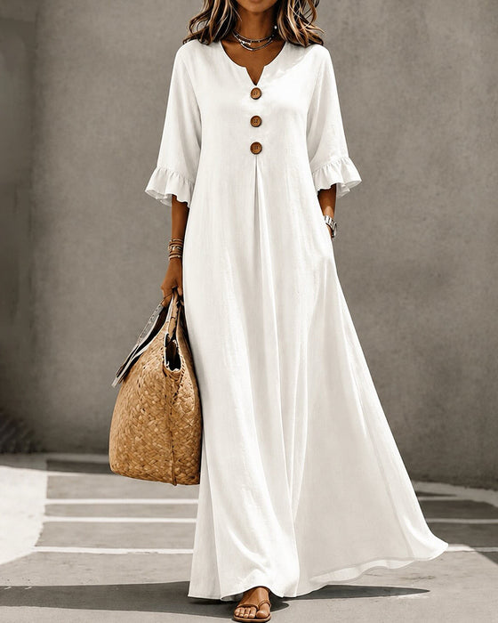 V-Neck Button Ruffle Full Skirt Dress