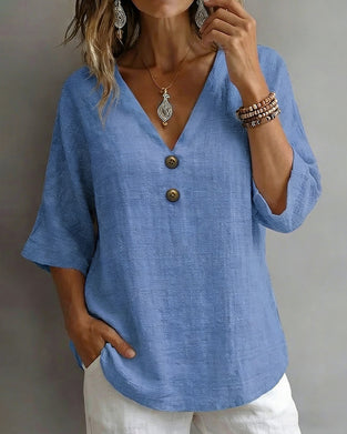 Double-Button Decorative V-Neck Blouse