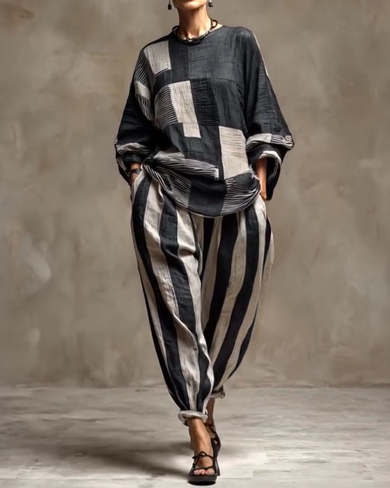 Casual Striped Round Neck Two-Piece Set