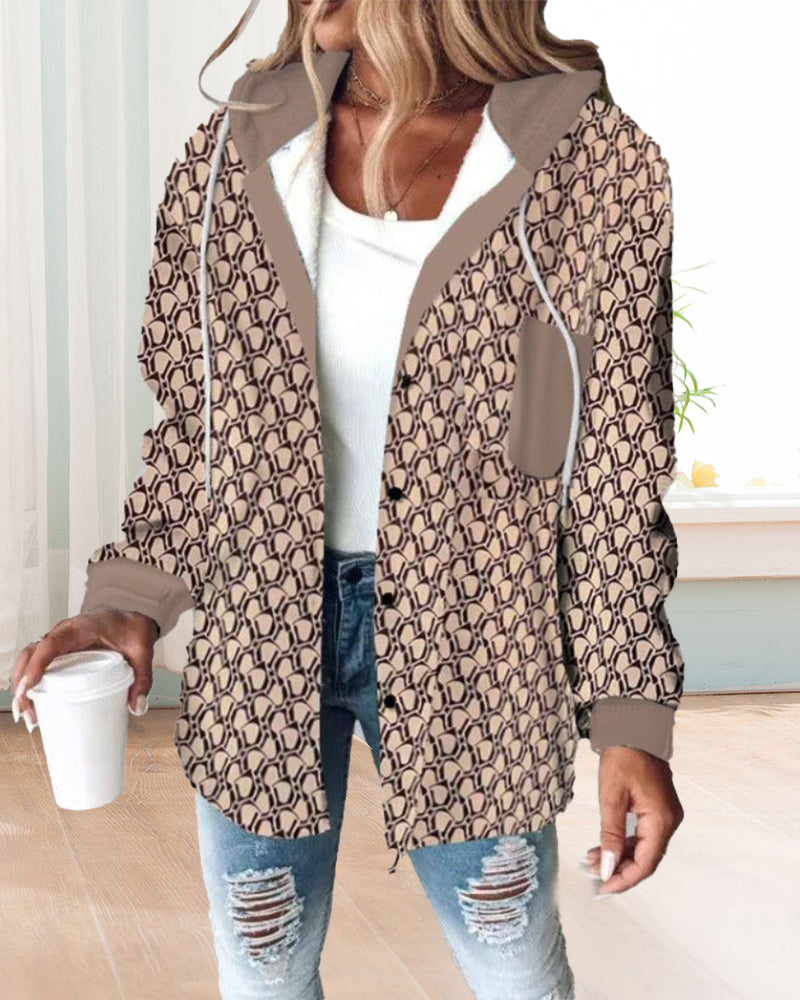 Casual printed pocket lace-up hooded coat