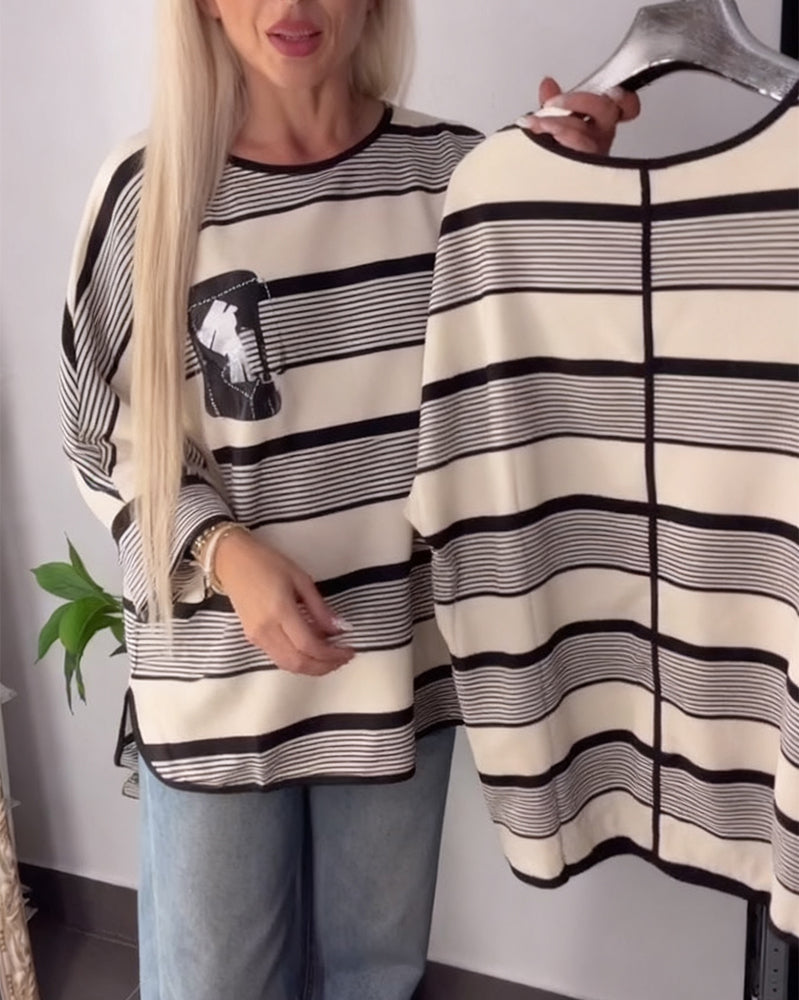 Casual Round Neck Loose Striped T-Shirt