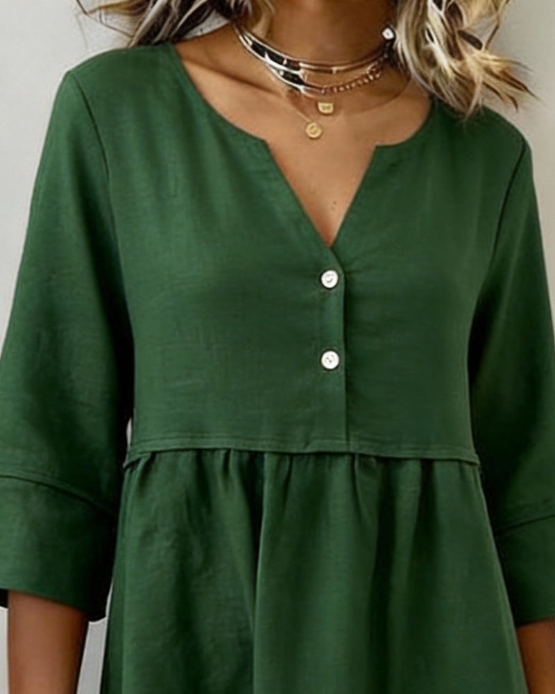 Linen-Blend Three-Quarter Sleeve Pleated A-Line Dress