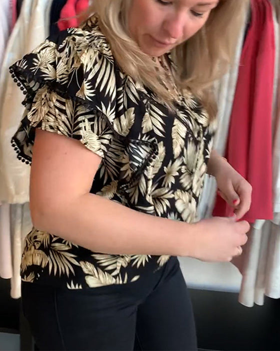 Leaf print ruffle sleeve blouse