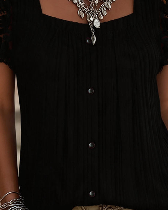 Square Neck Ribbed Lace Patchwork Blouse