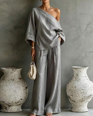 One-Shoulder Asymmetrical Wide Leg Pants Set