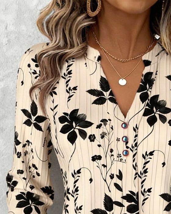 Leaf Print Button-Down V-Neck Blouse