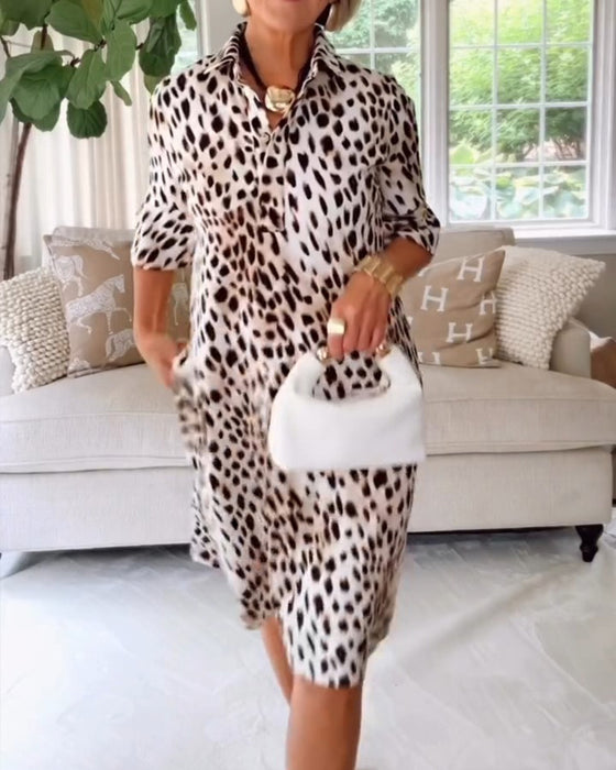 Lapel Leopard Shirt Dress