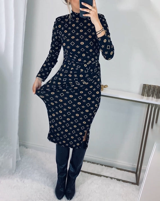 Elegant high neck geometric print dress