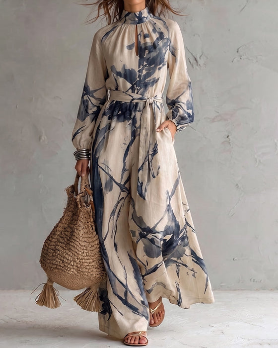 Stand Collar Hollow Tie Wide-Leg Jumpsuit